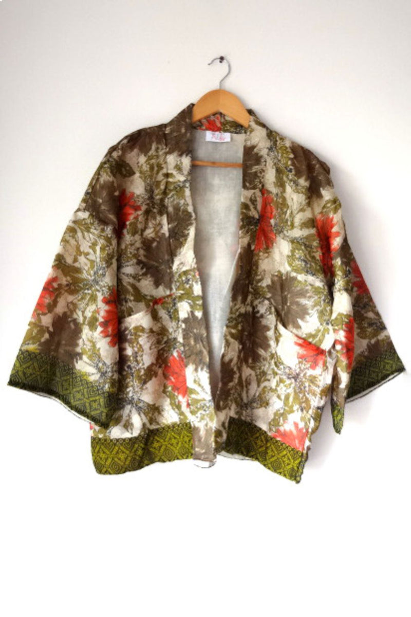 Asian In Me | Georgette Unisex Green-Orange Floral Kimono Jacket| Yoru-kimono