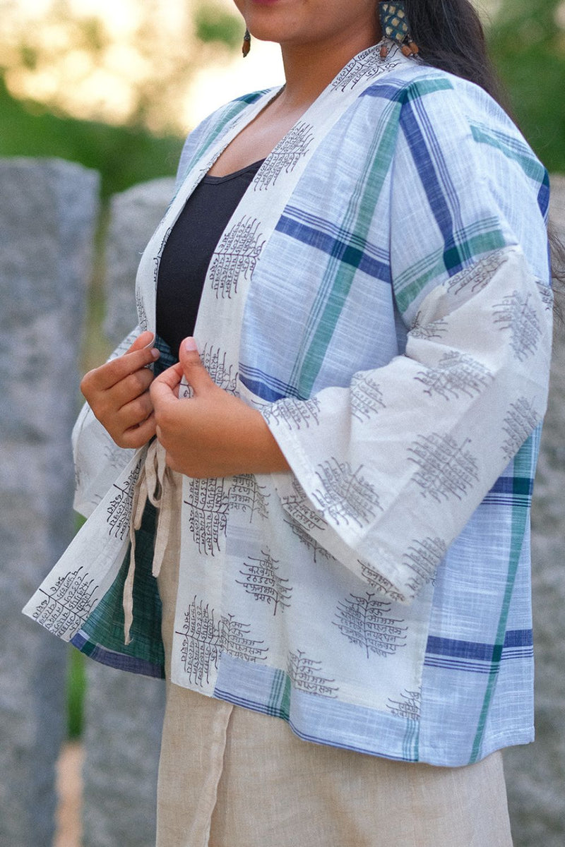 Asian In Me | Linen & Cotton Unisex Checkered White-Green Kimono Jacket| Yoru-kimono