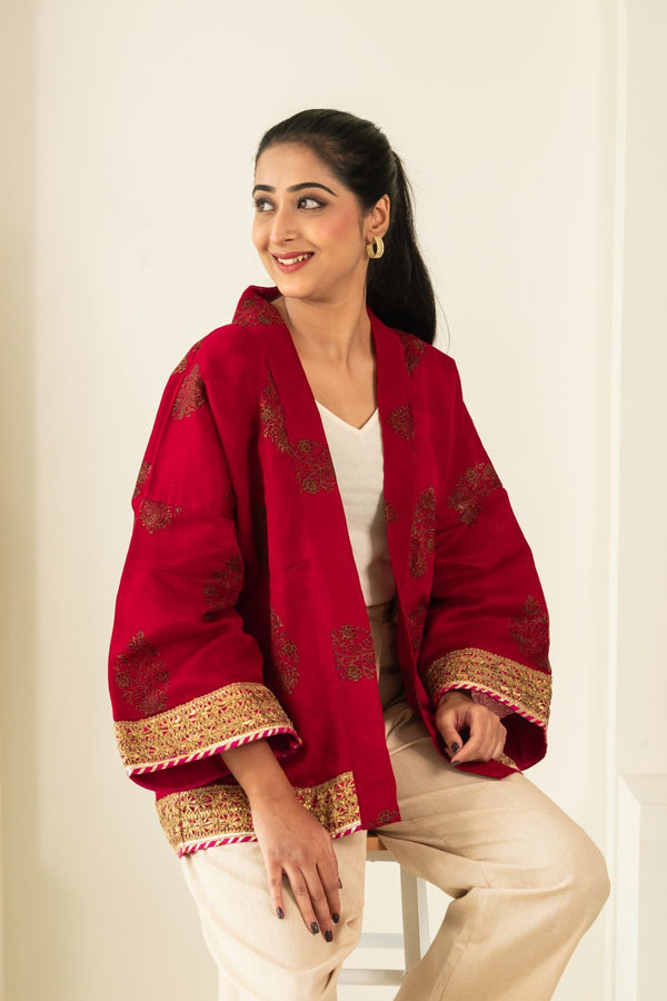 Asian In Me | Crafted from pre-loved saree | Women's Red Kimono Jacket| Yoru-kimono