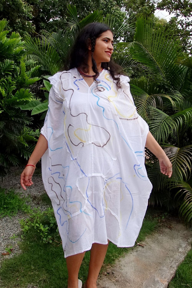 Asian In Me |Cotton Women's White Hand-Painted & Anti-Fit Dress | Zero-Waste Design | DC Path To Infinity Dress