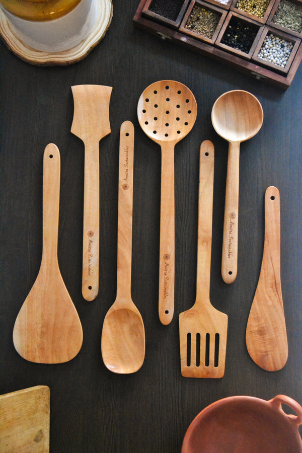 Almitra Sustainables Neem Wood Kitchen Ladle Set ( Set of 7 )