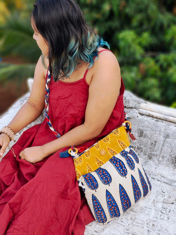 Almitra Sustainables Blue & Off-white Hand Block Printed Braided Ethnic Sling Bags