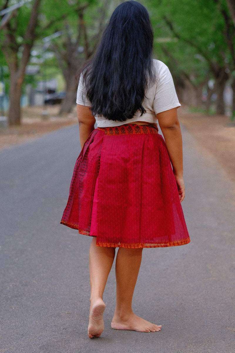 Asian In Me |Cotton-Silk Women's Pink Flare Wrap Skirt |Ma-Mian Wrap Skirt