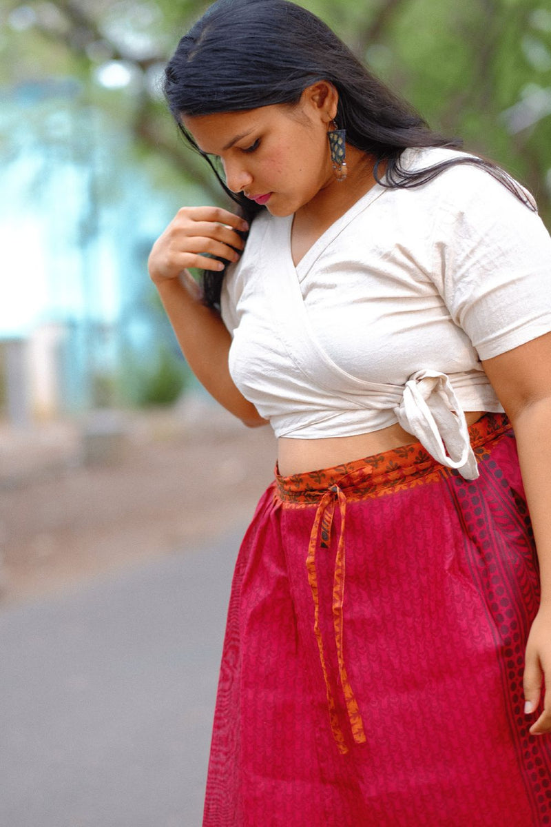 Asian In Me |Cotton-Silk Women's Pink Flare Wrap Skirt |Ma-Mian Wrap Skirt