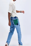 Un Denim - Sashiko Patchwork Mid Indigo Comfortable Men's Jeans