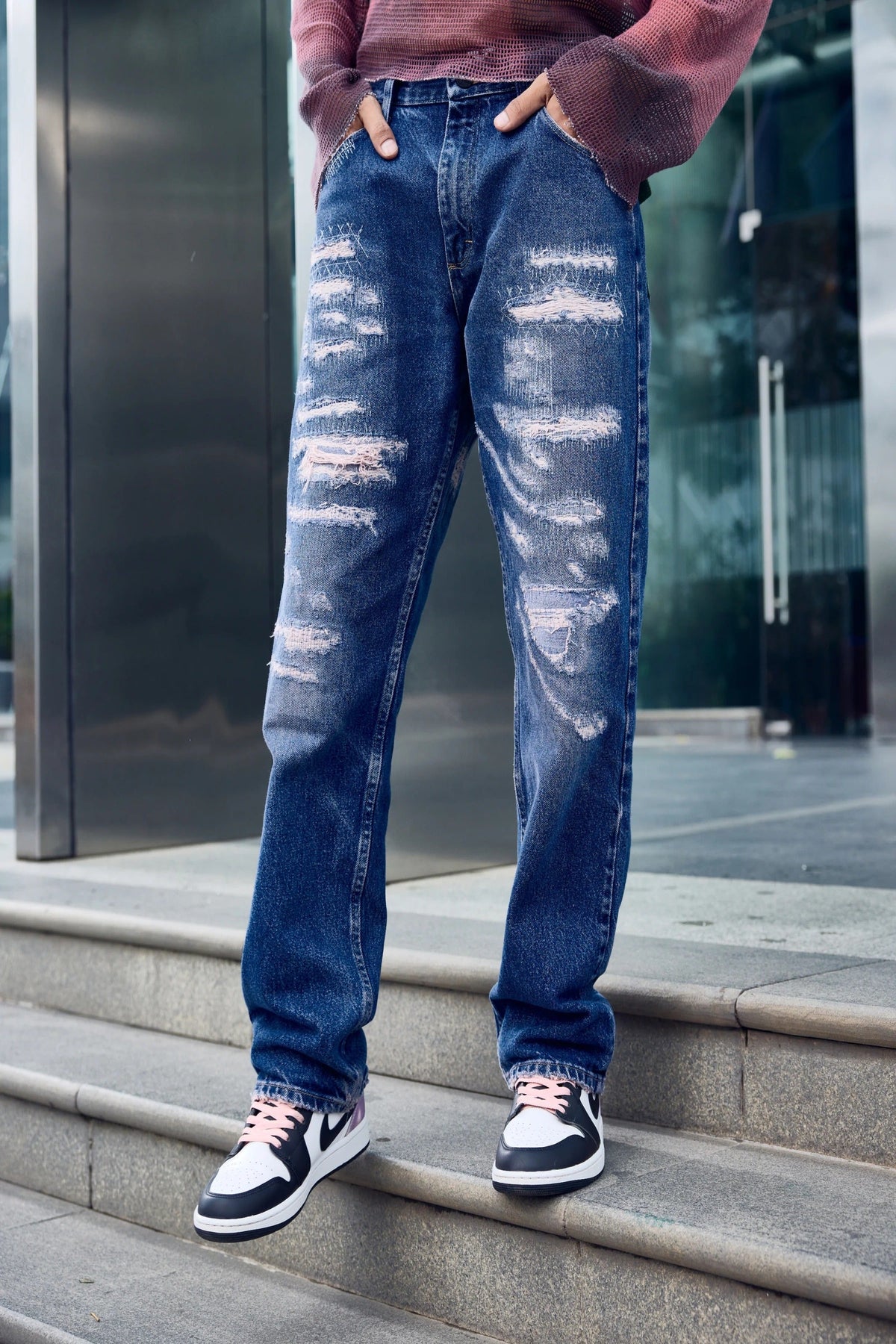 Un Denim - Distressed Mid Indigo Patchwork Men