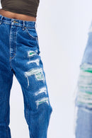 Un Denim - Distressed Mid Indigo Patchwork Women's Jeans