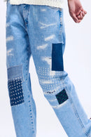 Un Denim - Sashiko Patchwork Mid Indigo Comfortable Men's Jeans