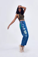 Un Denim - Distressed Mid Indigo Patchwork Women's Jeans
