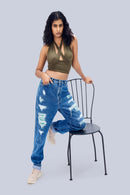 Un Denim - Distressed Mid Indigo Patchwork Women's Jeans