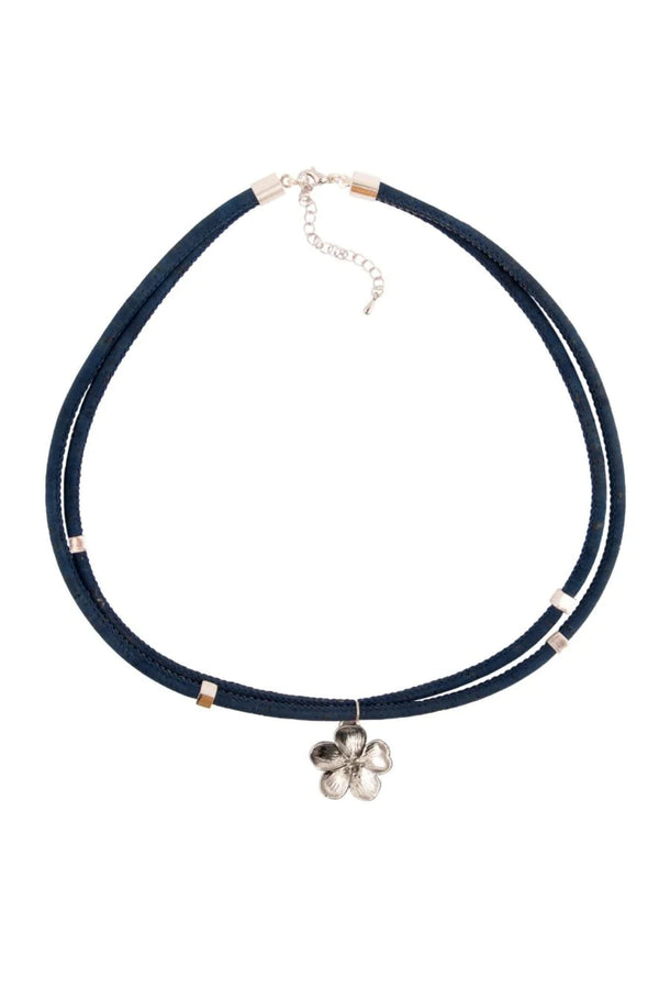 Foret Moon Flower In Silver And Navy Blue Cork Necklace