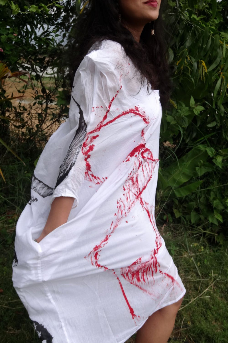 Asian In Me |Cotton Women's White Hand-Painted & Anti-Fit Dress | Zero-Waste Design | DC New Beginning Dress