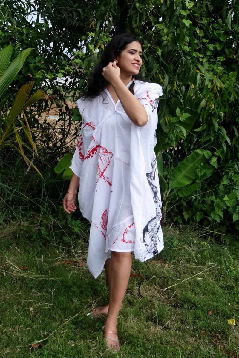 Asian In Me |Cotton Women's White Hand-Painted & Anti-Fit Dress | Zero-Waste Design | DC New Beginning Dress