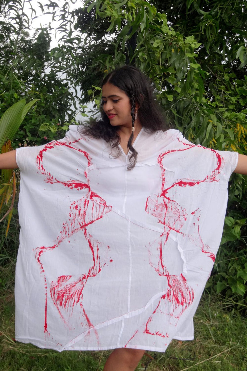 Asian In Me |Cotton Women's White Hand-Painted & Anti-Fit Dress | Zero-Waste Design | DC New Beginning Dress