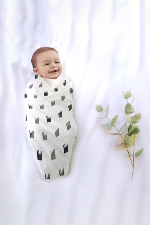 Tinylane Grey Crowns Organic Bamboo Baby Swaddle | 120 x 120 cm