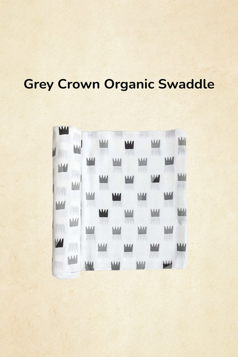 Tinylane Grey Crowns Organic Bamboo Baby Swaddle | 120 x 120 cm