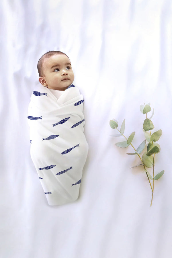 Tinylane Indigo Aquarium Organic Bamboo Baby Swaddle | 120 x 120 cm