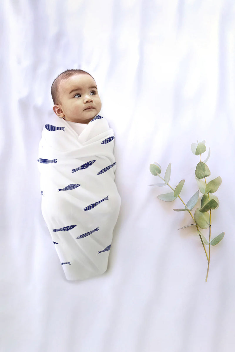 Tinylane Indigo Aquarium Organic Bamboo Baby Swaddle | 120 x 120 cm