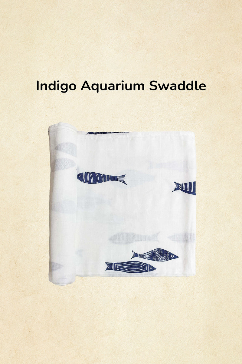 Tinylane Indigo Aquarium Organic Bamboo Baby Swaddle | 120 x 120 cm