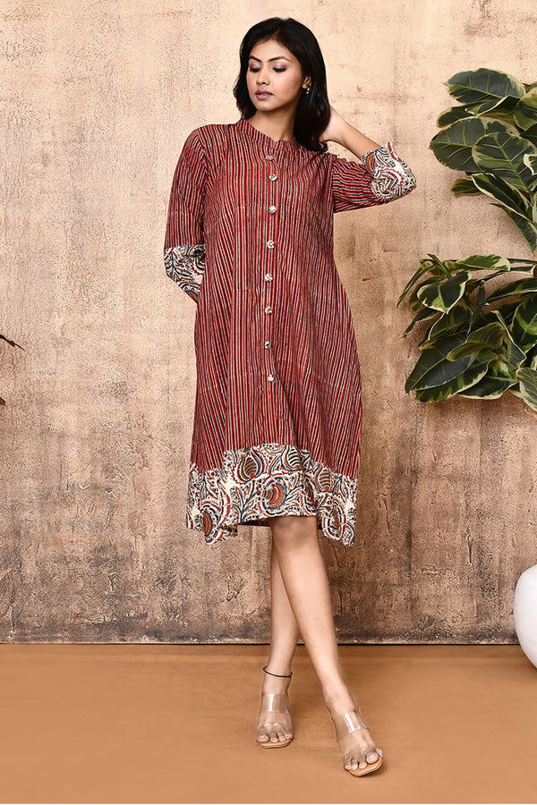 Expressions By UV Red Ajrakh Block Printed Shirt Dress