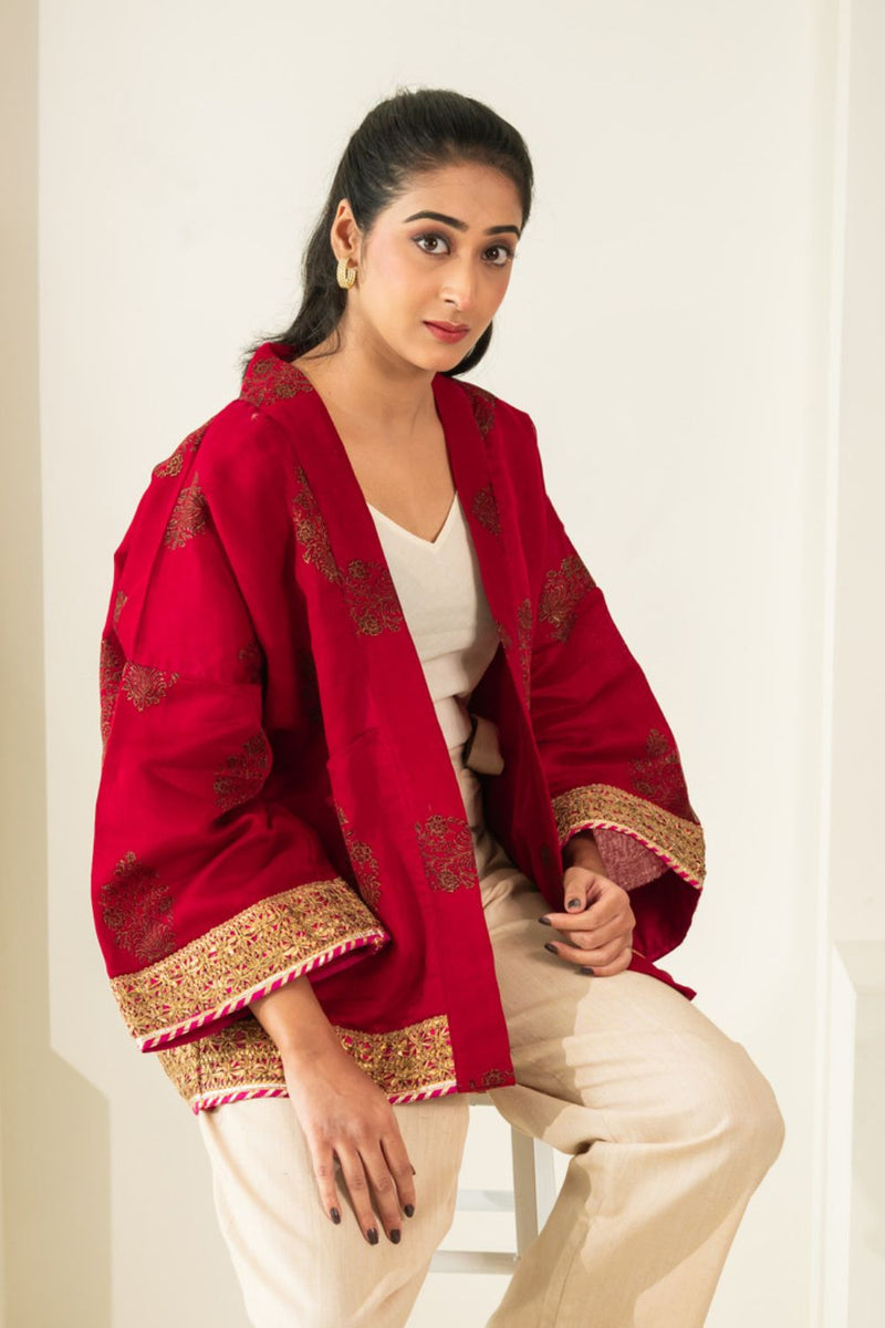 Asian In Me | Crafted from pre-loved saree | Women's Red Kimono Jacket| Yoru-kimono