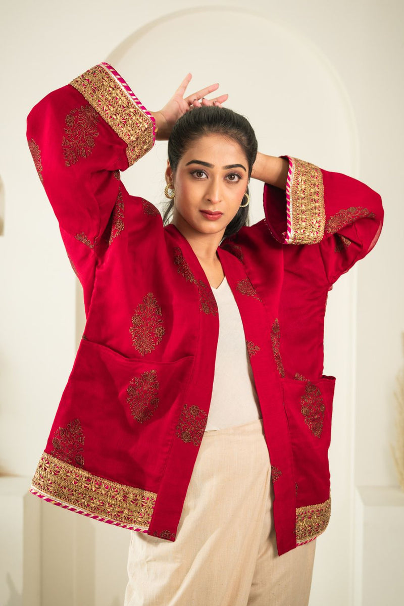 Asian In Me | Crafted from pre-loved saree | Women's Red Kimono Jacket| Yoru-kimono