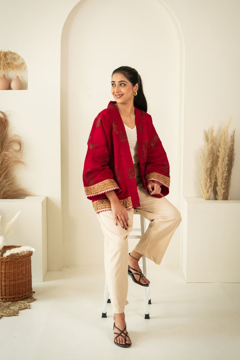 Asian In Me | Crafted from pre-loved saree | Women's Red Kimono Jacket| Yoru-kimono