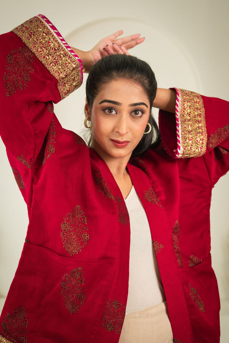 Asian In Me | Crafted from pre-loved saree | Women's Red Kimono Jacket| Yoru-kimono