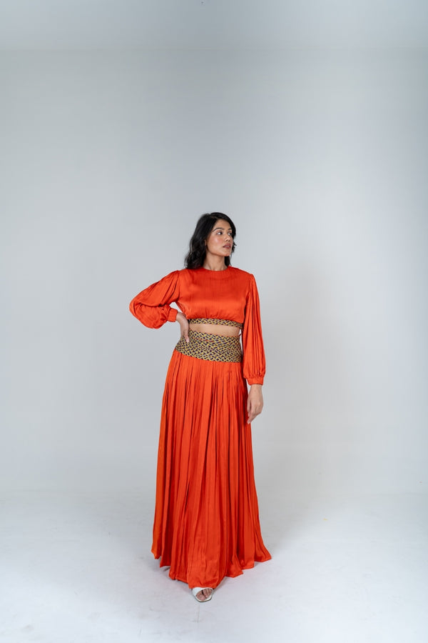 Neora by Nehal Chopra Orange Skirt Set with Color-Blocked Braids