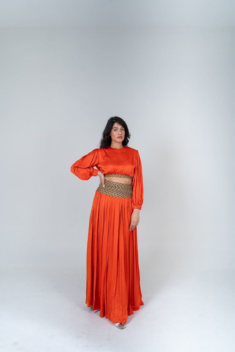 Neora by Nehal Chopra Orange Skirt Set with Color-Blocked Braids