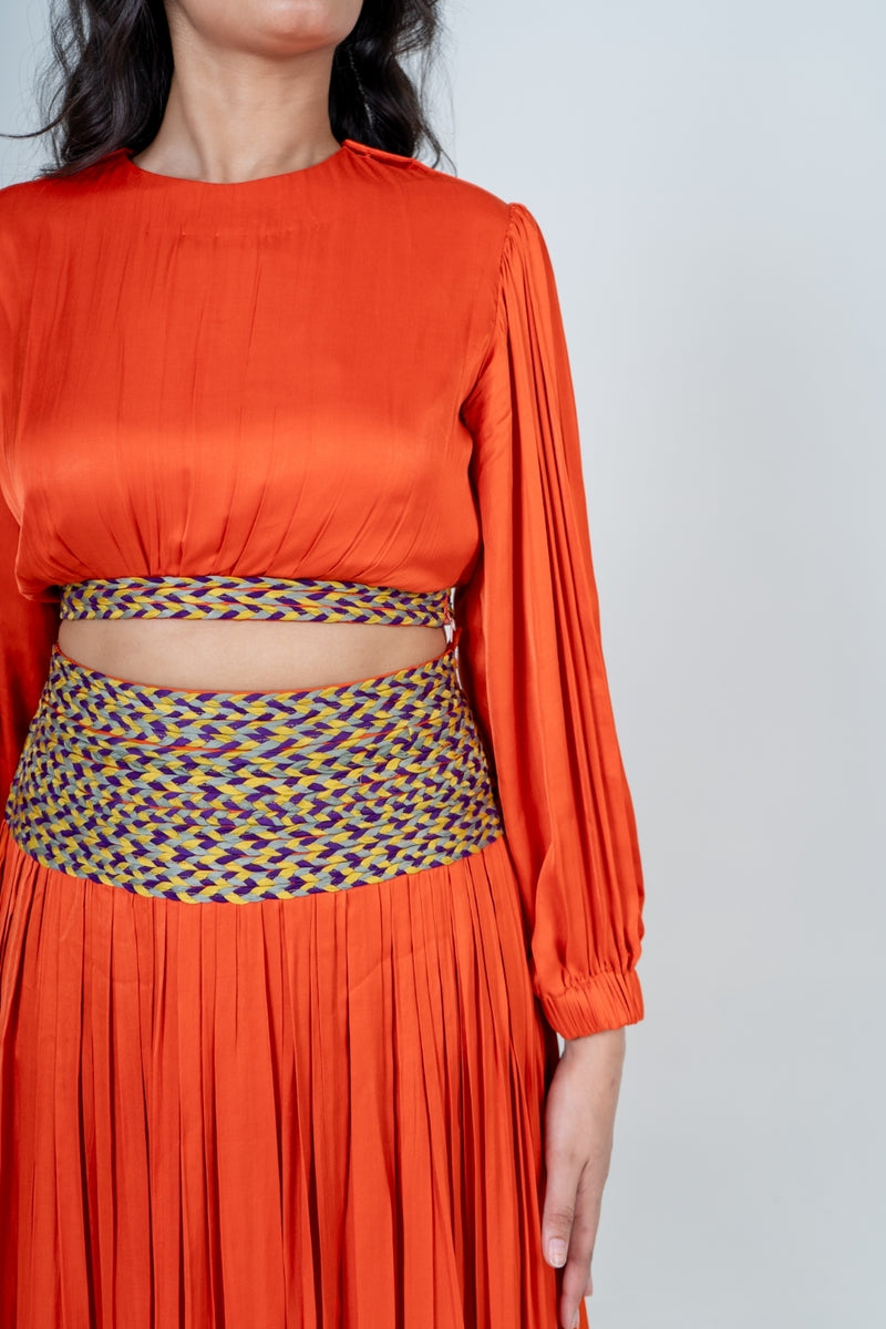 Neora by Nehal Chopra Orange Skirt Set with Color-Blocked Braids