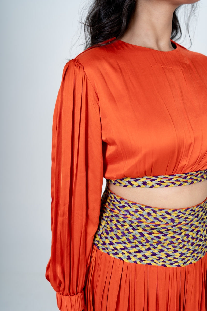 Neora by Nehal Chopra Orange Skirt Set with Color-Blocked Braids