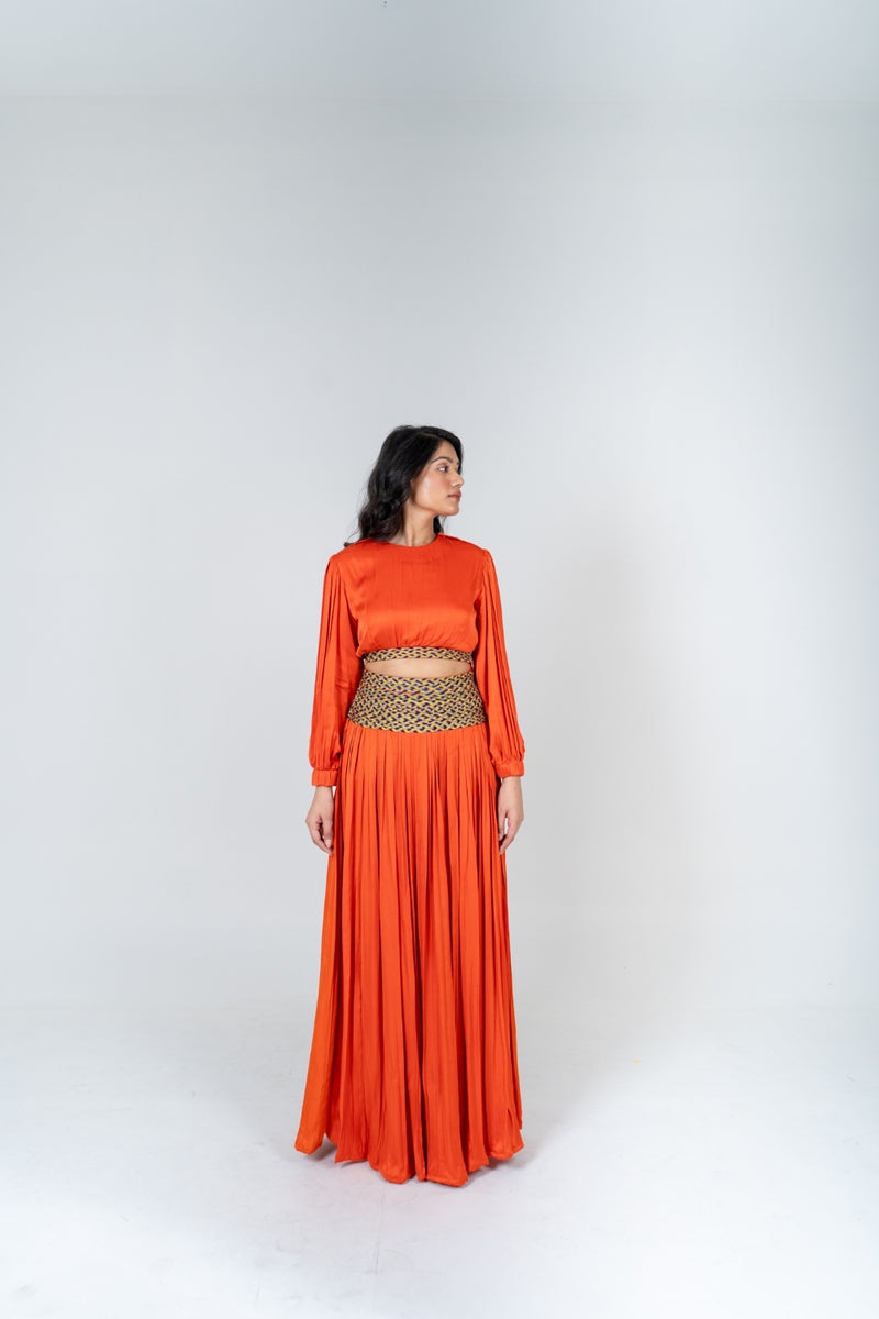 Neora by Nehal Chopra Orange Skirt Set with Color-Blocked Braids