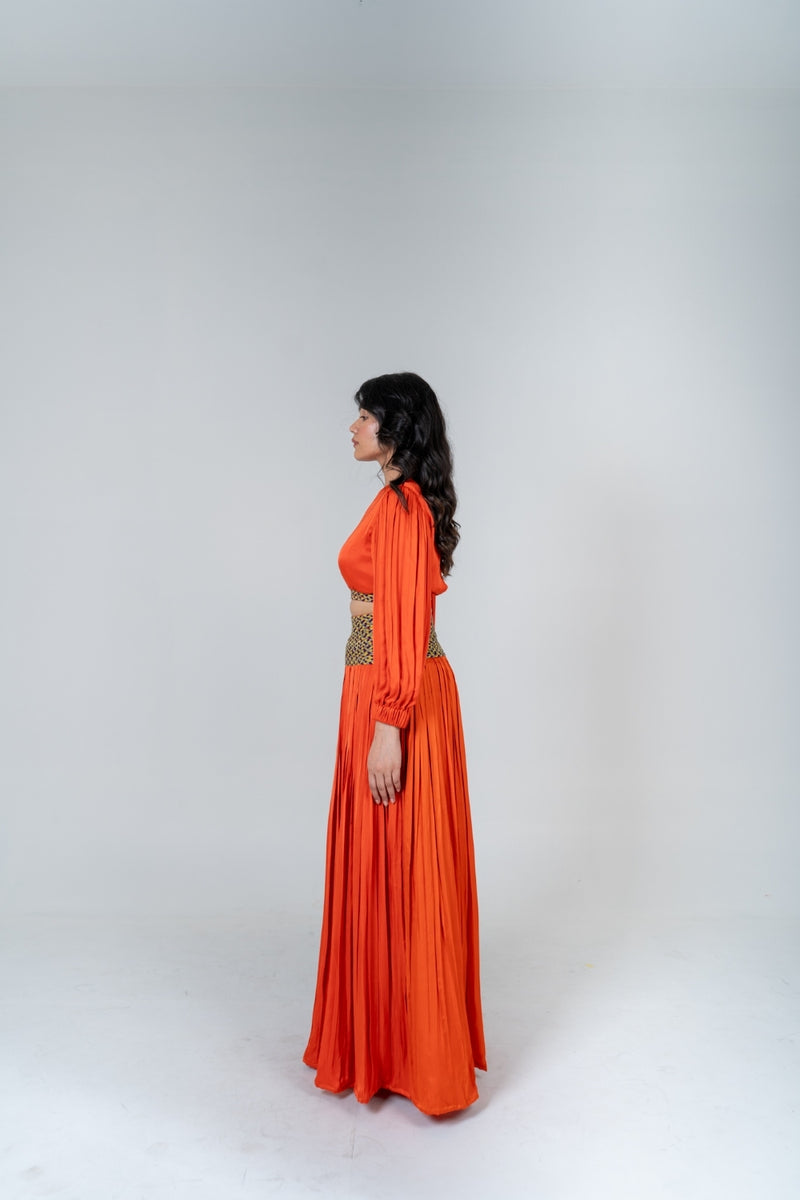 Neora by Nehal Chopra Orange Skirt Set with Color-Blocked Braids