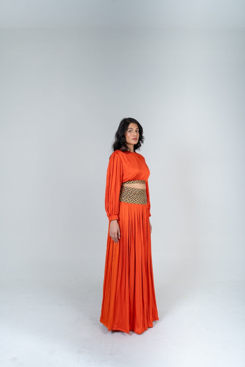 Neora by Nehal Chopra Orange Skirt Set with Color-Blocked Braids