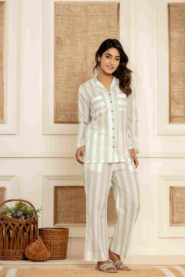 Paizlie 100% Cambric Cotton Sage Stripes Loungewear