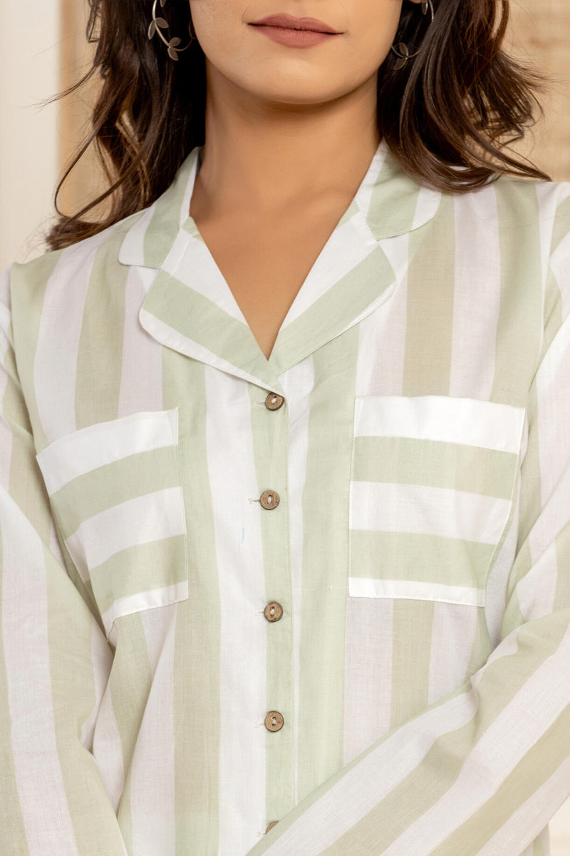 Paizlie 100% Cambric Cotton Sage Stripes Loungewear