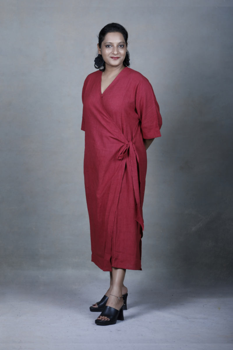 Slowthreads Kala Cotton Womens Maroon Wrap Dress