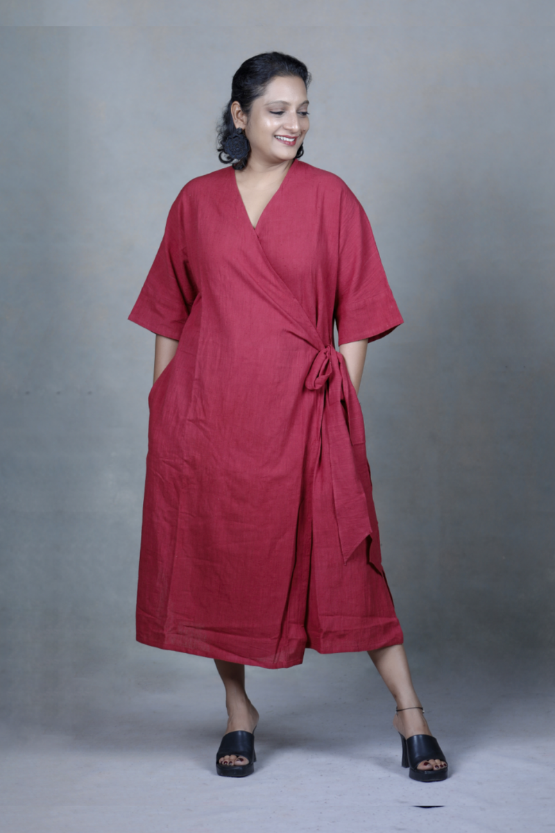 Slowthreads Kala Cotton Womens Maroon Wrap Dress