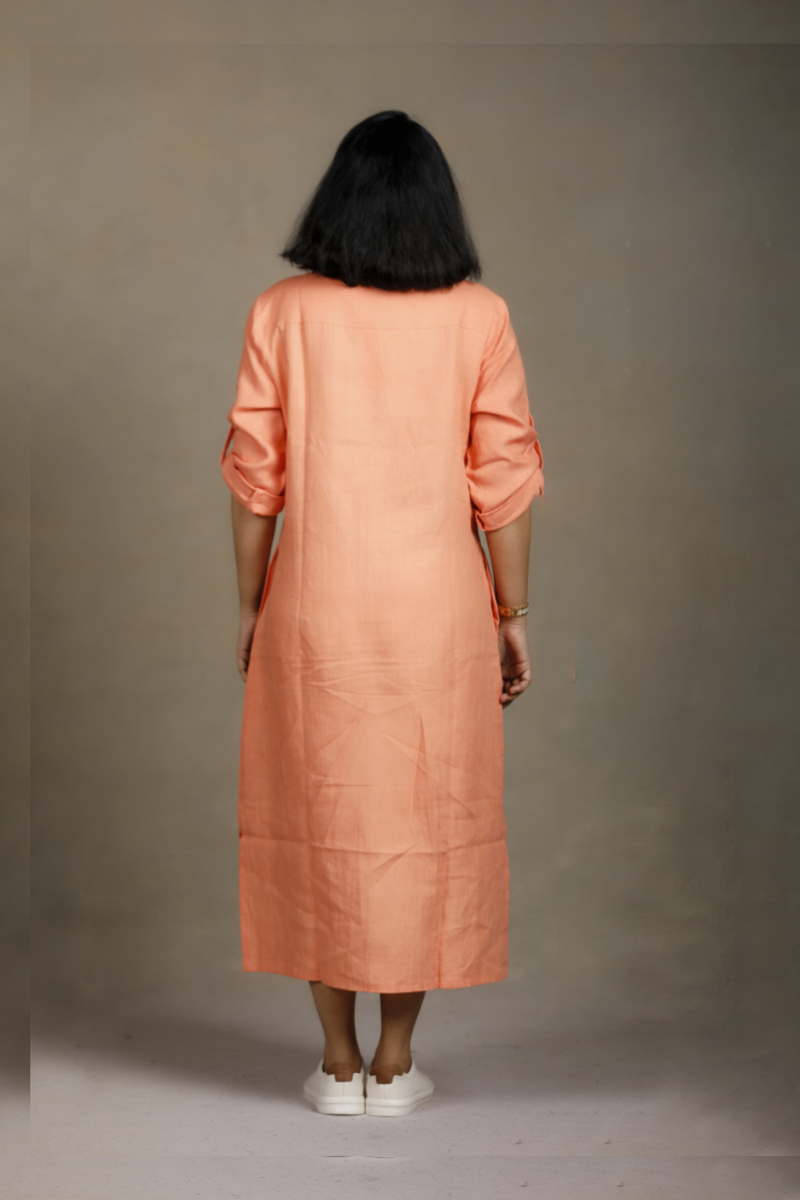 Slowthreads Linen Womens Peach Long Shirt Dress Plain