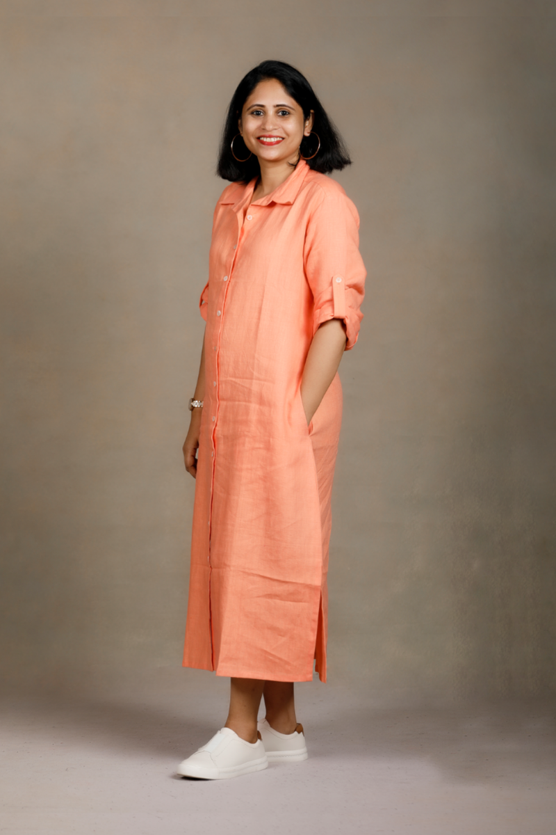 Slowthreads Linen Womens Peach Long Shirt Dress Plain