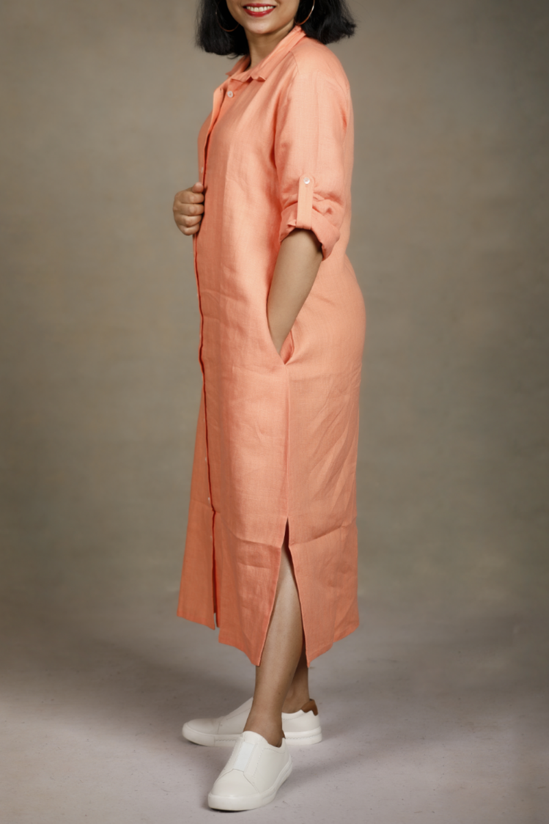 Slowthreads Linen Womens Peach Long Shirt Dress Plain