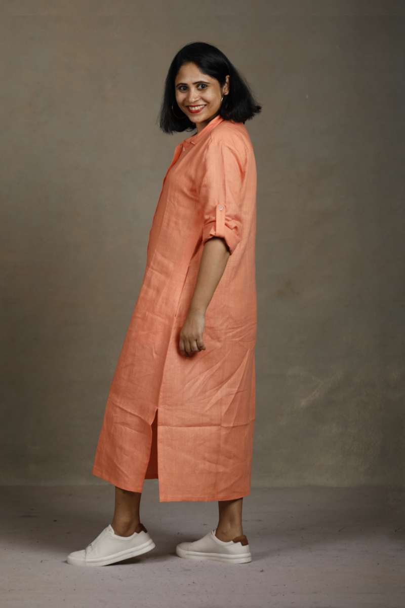 Slowthreads Linen Womens Peach Long Shirt Dress Plain