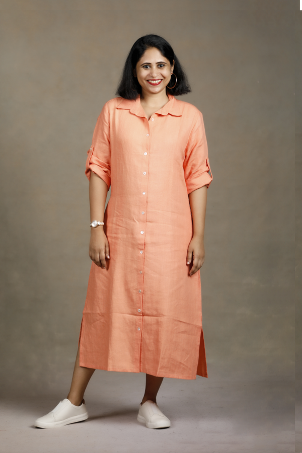 Slowthreads Linen Womens Peach Long Shirt Dress Plain