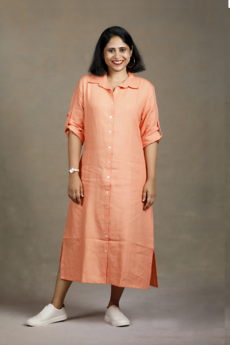 Slowthreads Linen Womens Peach Long Shirt Dress Plain