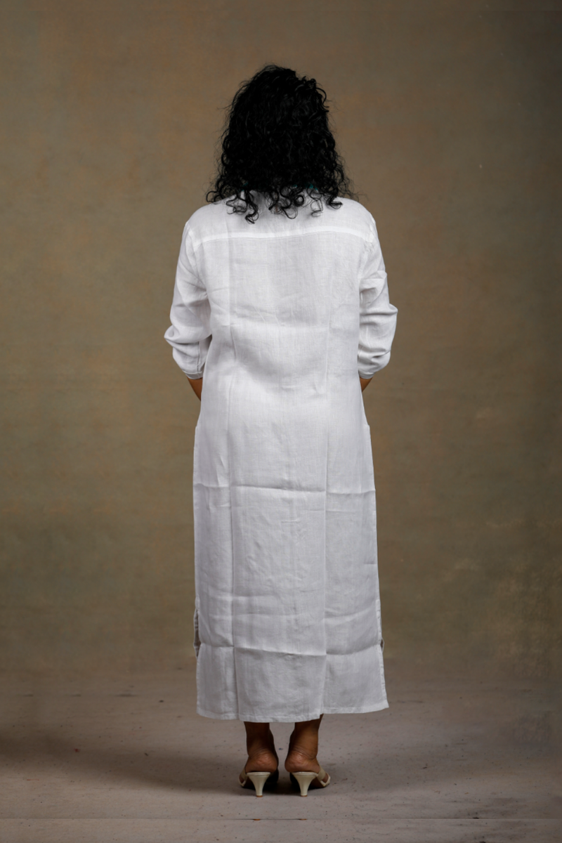 Slowthreads Hemp Womens White Long Shirt Dress (With Front Pockets)