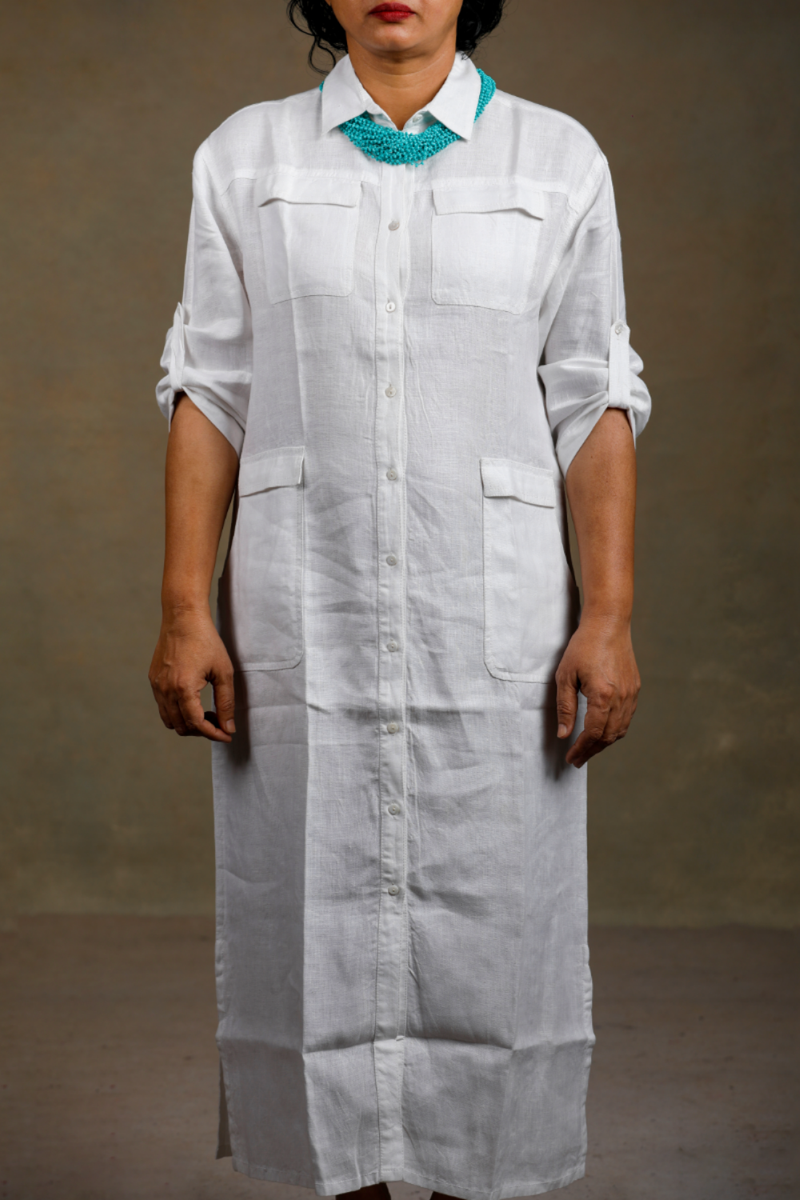 Slowthreads Hemp Womens White Long Shirt Dress (With Front Pockets)