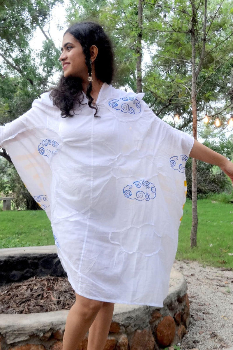 Asian In Me |Cotton Women's White Hand-Painted & Anti-Fit Dress | Zero-Waste Design |DC Sky Expanse Dress