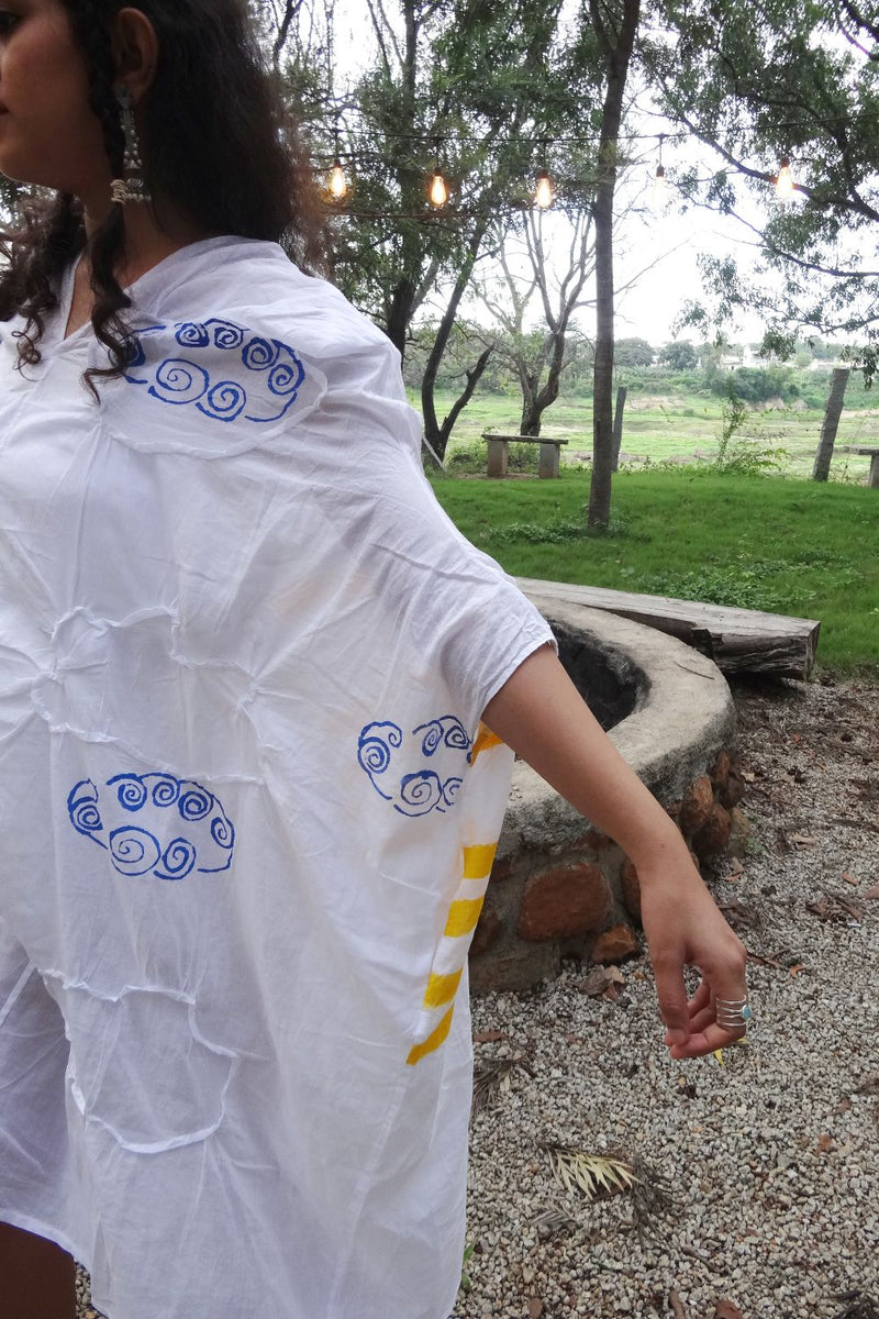 Asian In Me |Cotton Women's White Hand-Painted & Anti-Fit Dress | Zero-Waste Design |DC Sky Expanse Dress