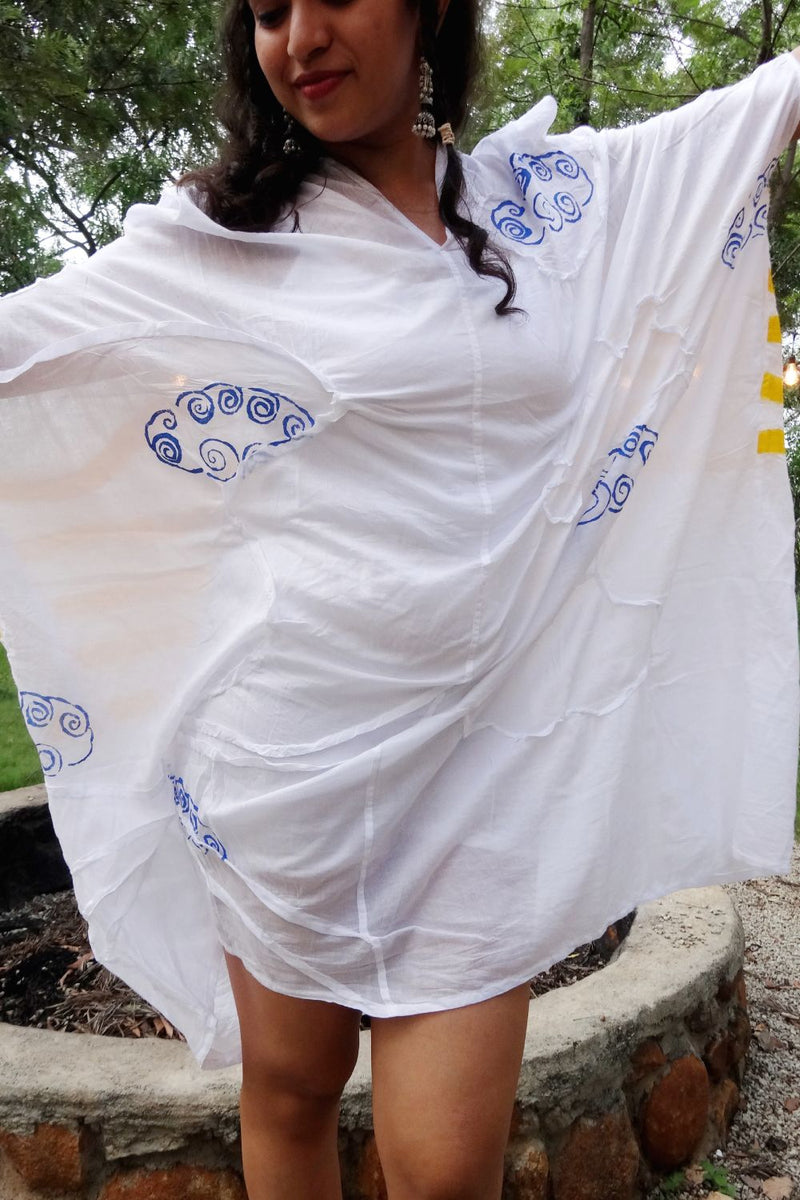 Asian In Me |Cotton Women's White Hand-Painted & Anti-Fit Dress | Zero-Waste Design |DC Sky Expanse Dress